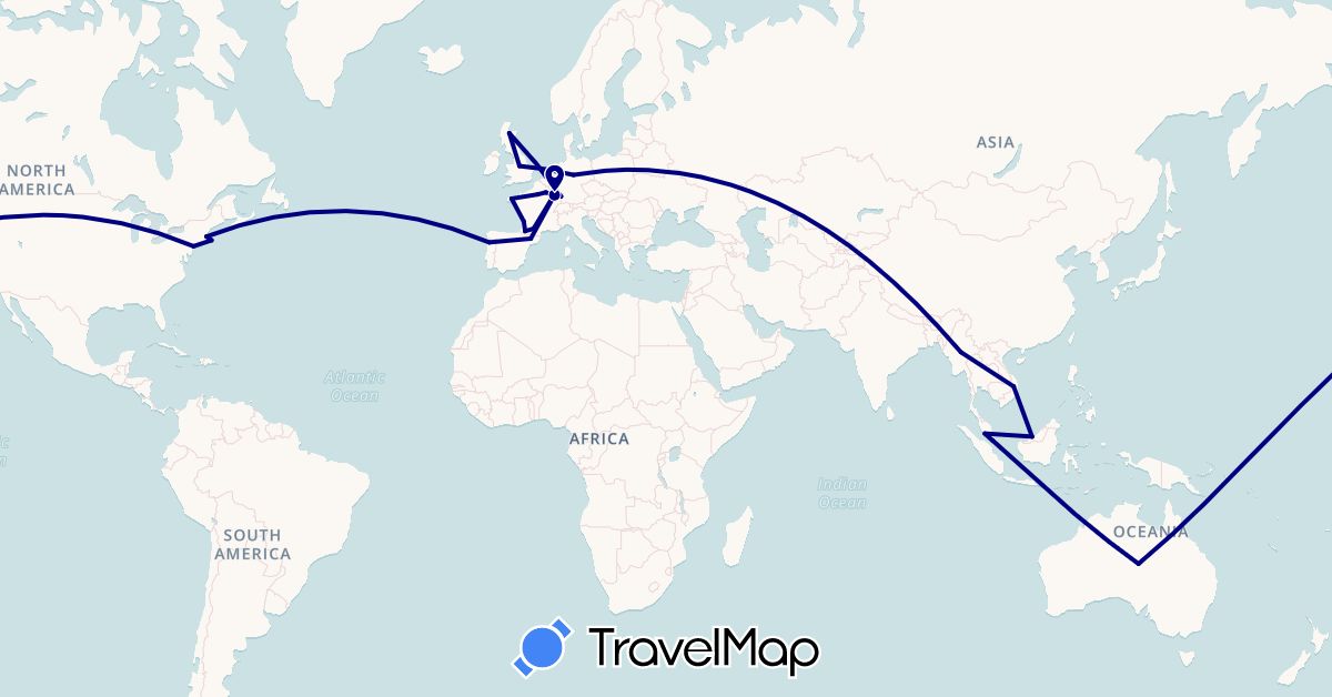 TravelMap itinerary: driving in Australia, Germany, Spain, France, United Kingdom, Myanmar (Burma), Malaysia, Portugal, United States, Vietnam (Asia, Europe, North America, Oceania)